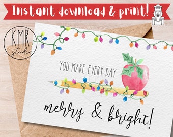 TEACHER Card; Instant download & print! Blank folded 4x6 Pencil Lights Greeting Card; Thankful Christmas Collection