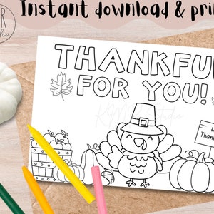 CARTÃO de Ação de Graças infantil; 4x6 Download e impressão instantâneos! Pinte você mesmo! Coleção Grata