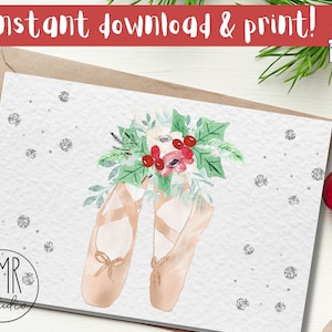 4x6 CARD; Christmas Pointe Shoes; Instant download & print! Blank folded card; Christmas Ballet Collection