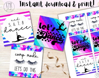 DANCE gift/treat TAGS; INSTANT download & print! 2.5x2.5" Competition Mode; Bright Dance Life Collection