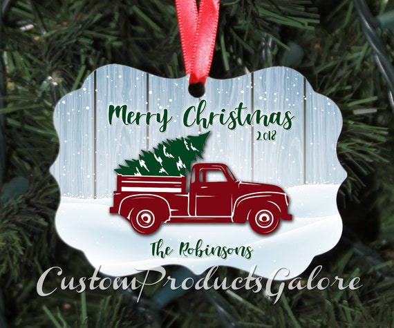 Vintage Red Pickup Truck Ornament Personalized Aluminum Christmas Tree Fancy Ornament 2 Sided