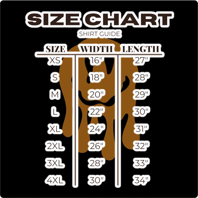 Puede incluir: Gr&aacute;fico negro con una tabla de tallas de camisas blanca y marr&oacute;n. La tabla incluye tallas XS a 4XL, con medidas de ancho y largo correspondientes en pulgadas. El texto "SIZE CHART" y "SHIRT GUIDE" est&aacute; en la parte superior.