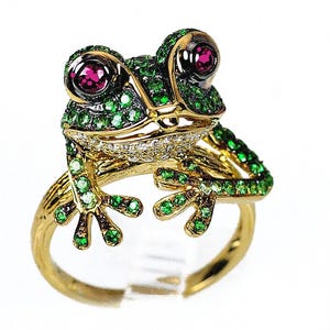 18k gold, frog ring, ruby, green tsavorite garnet, white diamond, we're the ONLY original designer, others have copied our photos & design.