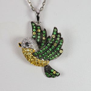 18k multi gem diamond bird sparrow delicate pendant, green garnet yellow sapphires