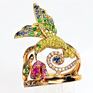 18k hummingbird bird ring, tropical, fancy yellow diamond, exotic tropical with brown & white diamonds, multi gem