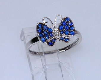 18k butterfly ring, blue sapphire, diamond, white gold