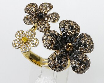 14k, diamond flower ring, yellow diamond, champagne diamond, white black diamond, yellow gold, yellow diamond, nature