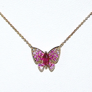 18k, gold, butterfly pendant, necklace, ruby, pink sapphires, yellow gold, nature, petite
