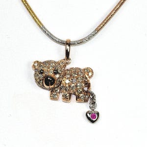 18K, animal teddy bear pendant, rose gold, diamond, ruby heart necklace charm