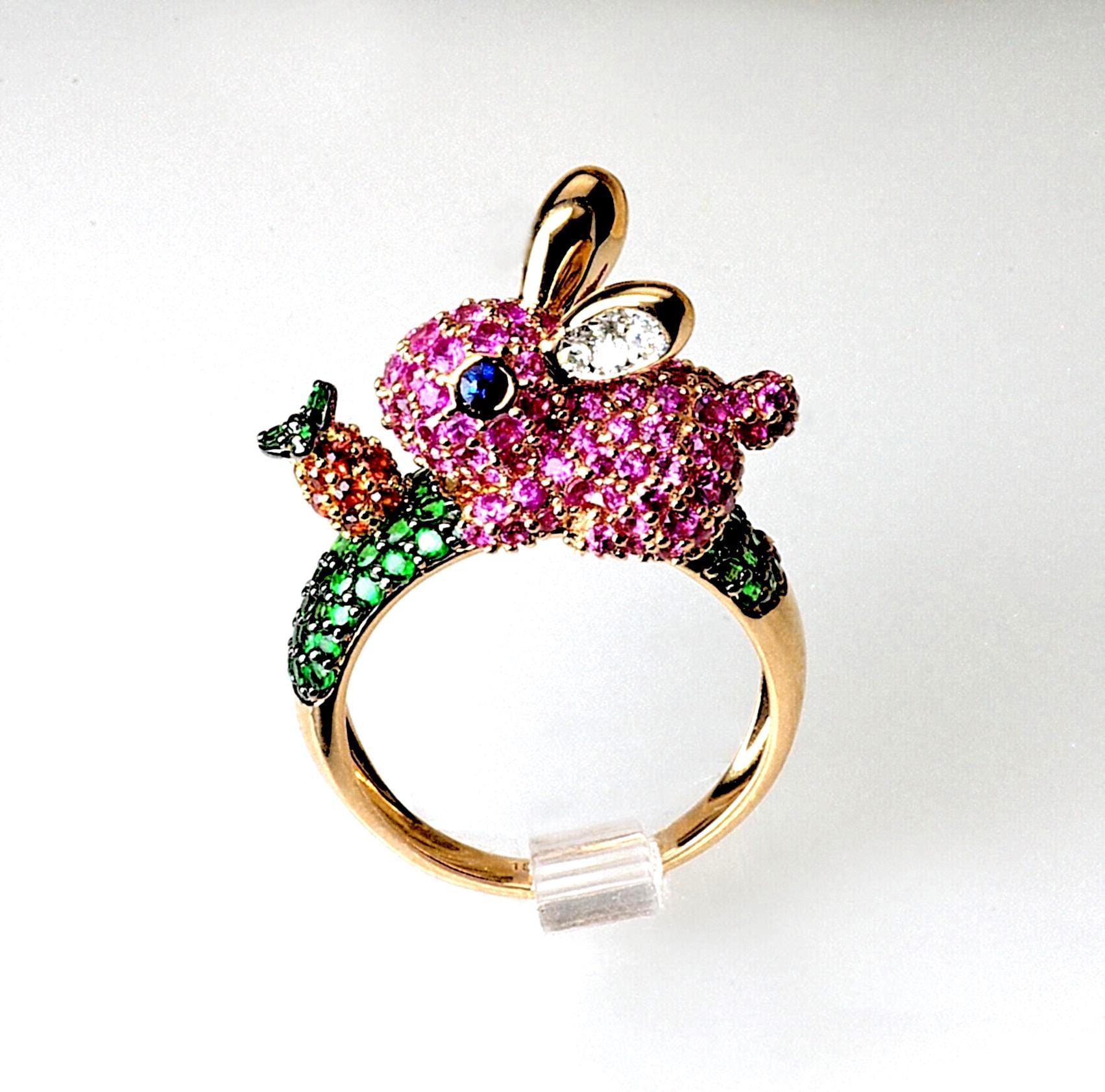 Meesho Rabbit Ring 18k Rabbit Ring, Bunny, Diamond, Animal, Ruby Green Tsavorite Garnet ...