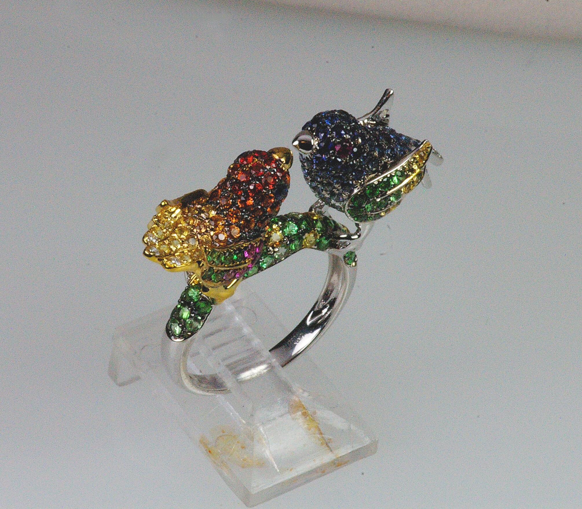 18k, Love Bird, Animal, Nature Ring, White Gold, Multi Gem, Multi Color, Ruby, Blue Sapphire ...