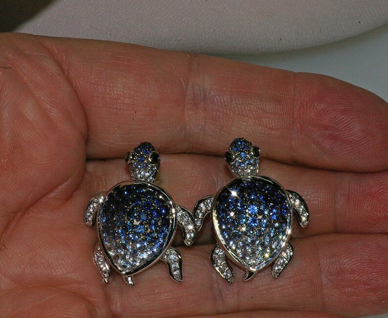14K Blue Sapphire White Diamond Sea Turtle Nature Earrings - Etsy