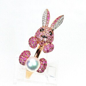 18k bunny rabbit ring, wrap around, animal, pink sapphire, ruby, South Sea pearl, rose gold