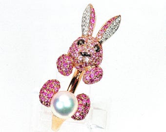 18k bunny rabbit ring, wrap around, animal, pink sapphire, ruby, South Sea pearl, rose gold