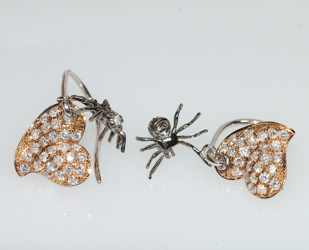 14k Gold, Heart Wiggle Spider Diamond Earrings, Rose Gold White Fish ...