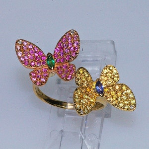 18k rose & yellow gold ruby emerald tanzanite yellow pink sapphire by pass butterfly ring, statement feminine nature ring