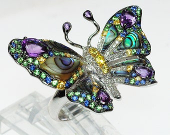 18K butterfly ring, abalone, diamond, purple amethyst, green garnet, yellow, blue sapphire ring