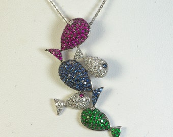 18K Aquatic Fish Pendant, White Gold, Nature Colorful, Multi Gem