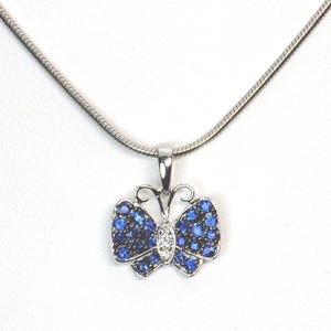 18k butterfly pendant, diamond blue sapphire, white gold, delicate petite feminine womans, teen child pendant
