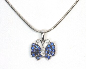 18k butterfly pendant, diamond blue sapphire, white gold, delicate petite feminine womans, teen child pendant