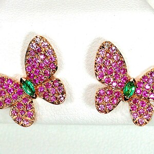 18k gold, pink butterfly earrings, emerald, ruby pink sapphire, diamond, statement nature tropical
