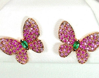 18k gold, pink butterfly earrings, emerald, ruby pink sapphire, diamond, statement nature tropical