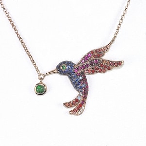 18k, hummingbird bird, pendant, necklace, 18K rose gold chain, nature, animal, blue sapphire, green garnet, ruby,