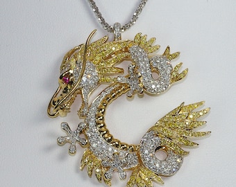 18K YG, Asian dragon pendant, fancy yellow white diamond, fantasy