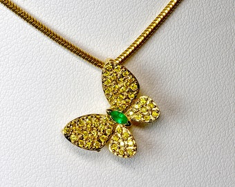18k, butterfly pendant, emerald, yellow diamond, yellow gold, statement feminine nature