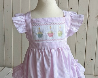 Little girl's birthday bubblesuit.   Ruffle bottom bubblesuit.  Pink stripe seersucker bubble. Smocked cupcake bubblesuit.