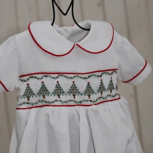 Boys Christmas Bubblesuit.   Christmas tree bubblesuit.  White Christmas bubble.  Boys smocked bubblesuit.  Smocked Christmas tree bubble.