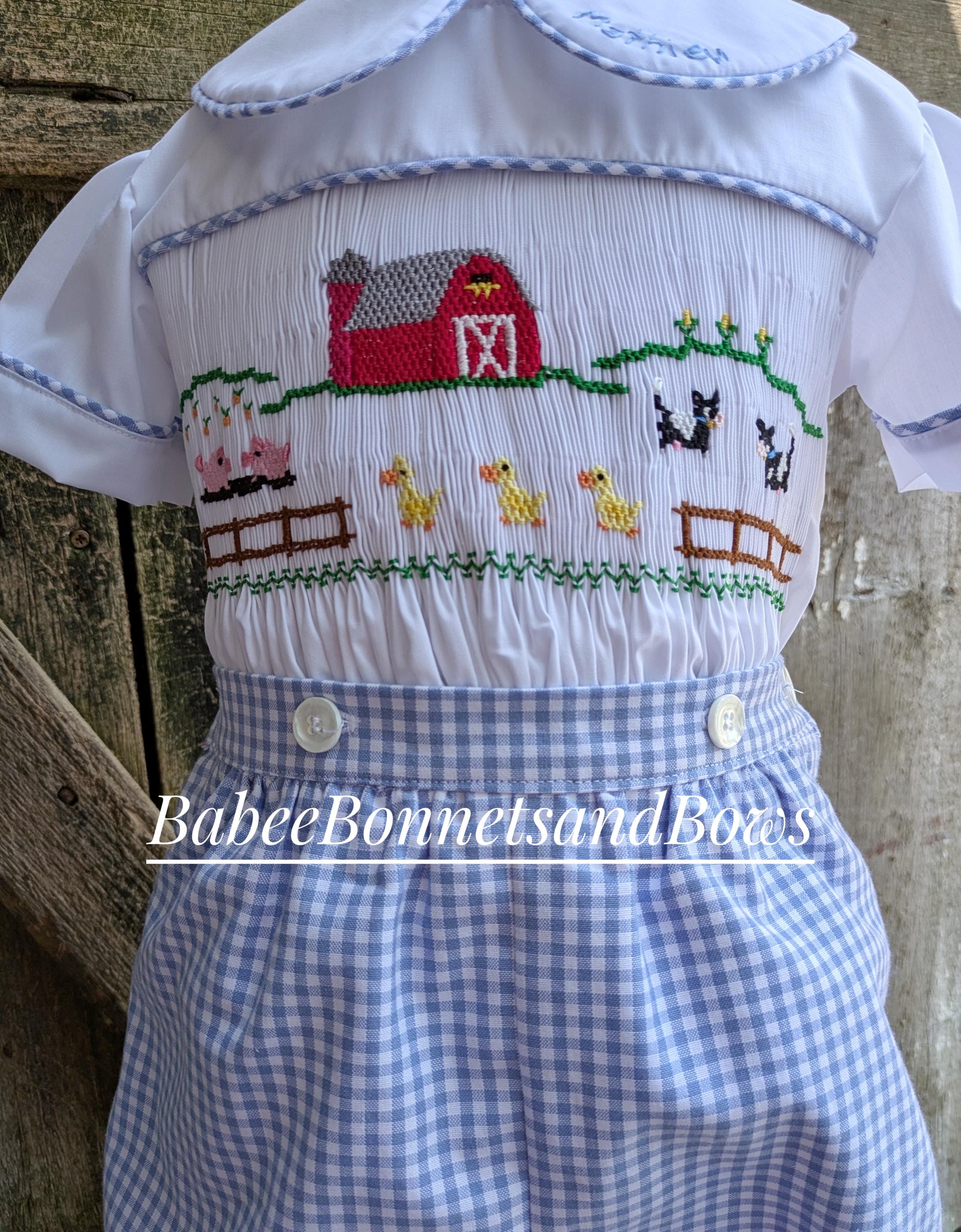 Boys Button On Suit. Farm Smocked Boys Button-On Farm Smocking. Gingham Check