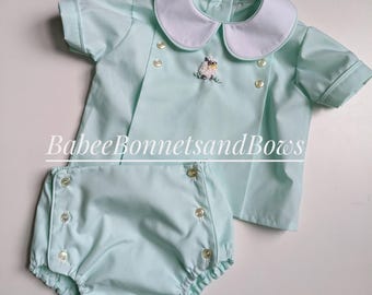 Baby boys outfit. Boys diaper set. Mint green diaper set with lamb. Boys lamb two piece set.