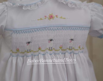 Heirloom baby daygown.  Smocked daygown. Embroidered baby dress. Dress/bloomers/bonnet set. 3 piece set. Photoshoot dress. Baby gift