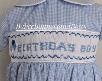 birthday boy bubble suit. smocked bubble. Smocked birthday bubble. blue gingham smocked bubble