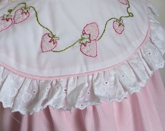 Strawberry dress. Shadow embroidered strawberries. Round yoke dress. Sundress. Pink strawberry dress and bloomers