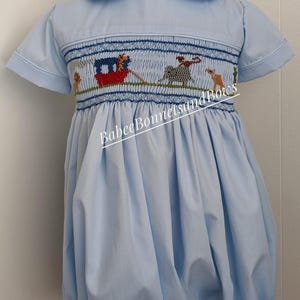 Noah's ark bubble.  Hand-smocked Noah's ark and animals.  Smocked blue bubble.