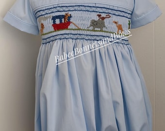 Noah's ark bubble.  Hand-smocked Noah's ark and animals.  Smocked blue bubble.