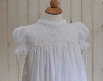 Beautiful baby christening gown, bonnet, and bloomers. Smocked christening gown. Smocked bonnet. Embroidered bloomers