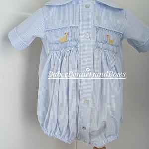 baby boy smocked duck bubble. blue check smocked bubble. smocked duck bubble. boys bubble.