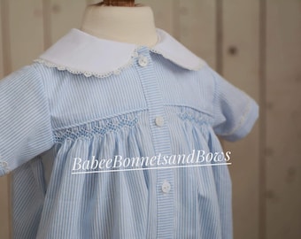 Boys bubblesuit.  Blue stripe bubblesuit.  Button-front romper. Blue stripe seersucker bubblesuit.  Smocked bubblesuit.