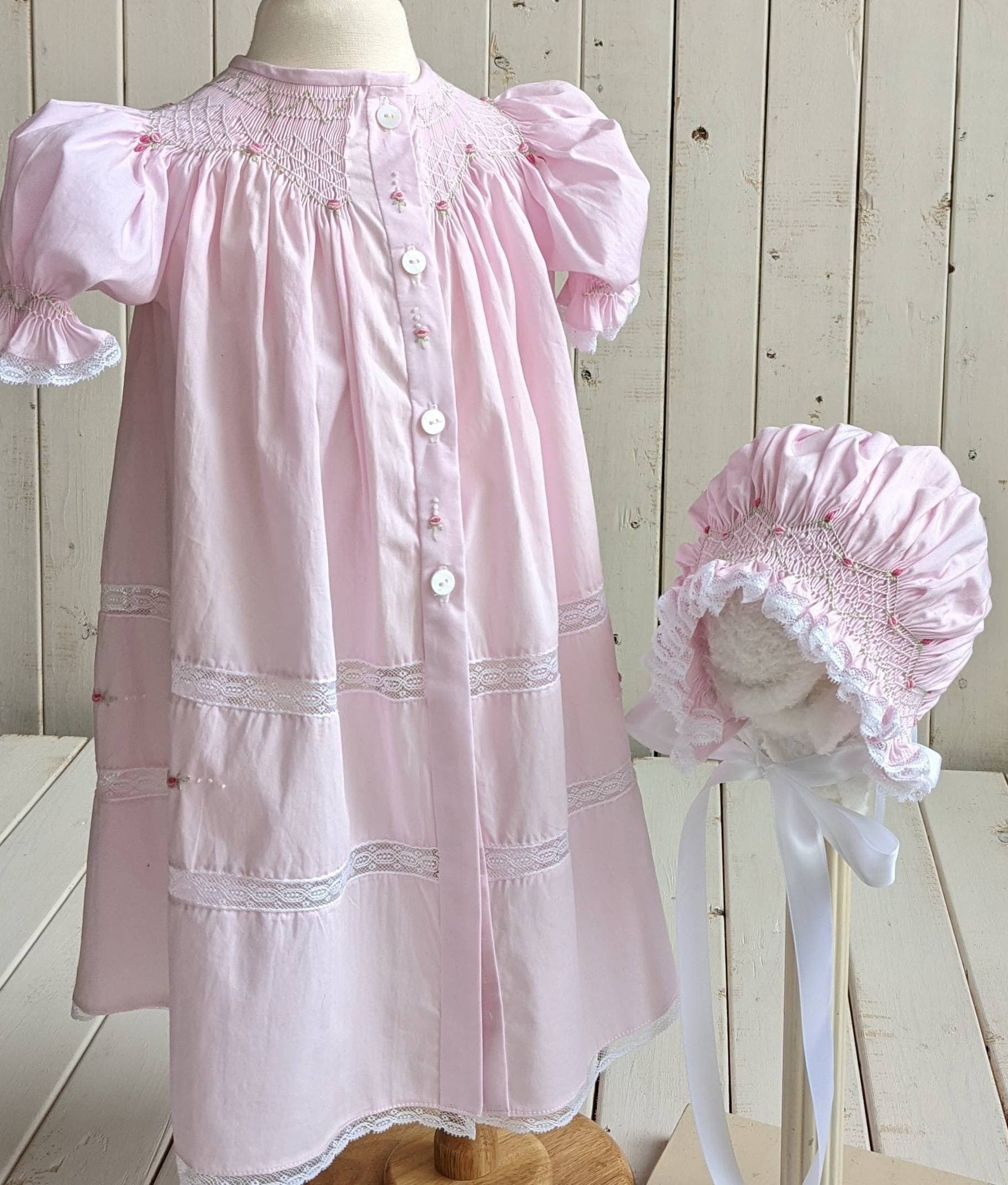 Baby Girl Dress & Bonnet. Heirloom Pink Dress. Hand Smocked Smocked Pink