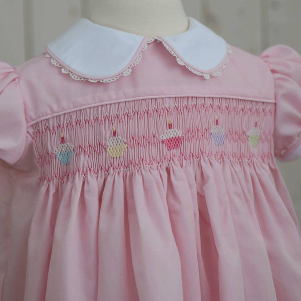 Baby girls Birthday dress with matching doll dress..  smocked doll dress.  Smocked cupcake dress. Pink smocked dress.  1st birthday dress