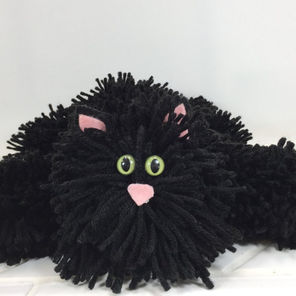 Black Cat Yarn Collectible, Soft Black Yarn Kitty with Green Cat Eyes, Handmade Yarn Pom Pom Cat, Stuffed Animal Alternative