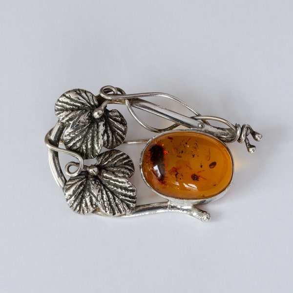 Large Vintage Poland .925 Silver and Amber Brooch // Hallmarked Gdansk, Poland