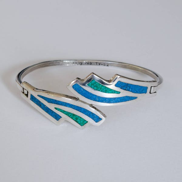 Taxco Turquoise and Malachite Inlay Sterling Silver Bangle Bracelet  // Made in Mexico