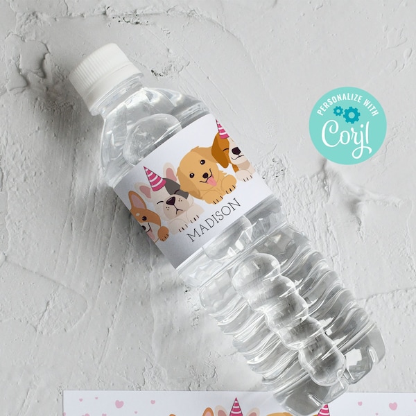 Puppy Water Bottle Labels Pink Dog Birthday Water Wraps Lets Pawty Favors Pet Adoption Party Favors Editable Corjl Template SA5