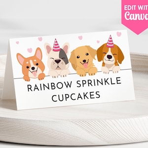 Lets Pawty Voedseletiketten Roze puppyhond Feesttentkaarten Feesttafeldecoratie Afdrukbare sjabloon bewerkbaar met Canva SA5