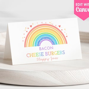 Etiqueta de comida de aniversário de arco-íris editável, cartão dobrado de arco-íris colorido minimalista, cartões de lugar para festa de arco-íris, modelo de download instantâneo CANVA SA2