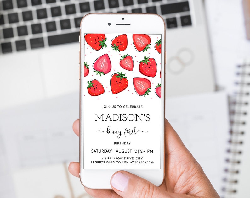 Editable Strawberry Birthday Evite Template Girl 1st Birthday Invitation Electronic Birthday Invite Berry First Birthday